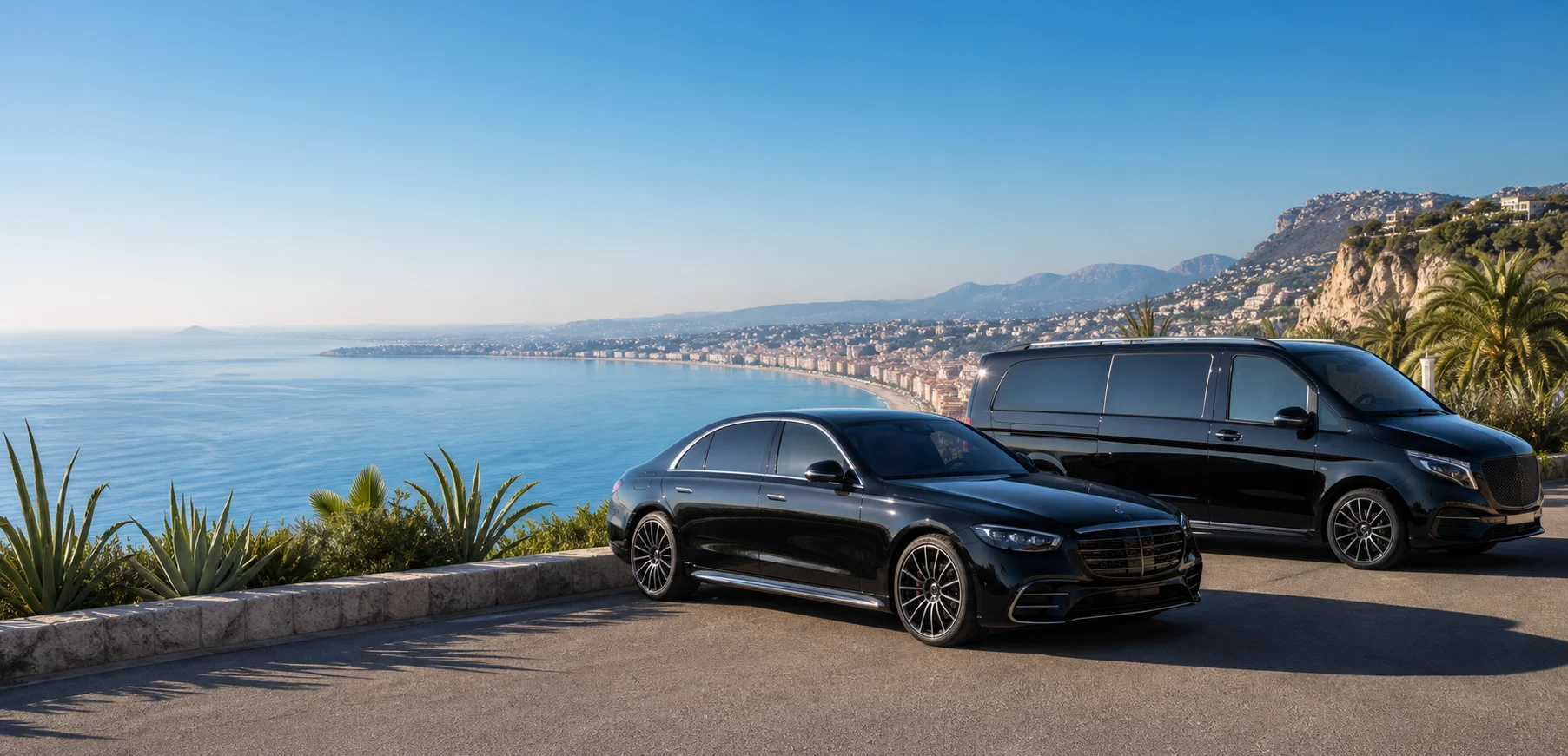 Luxury Mercedes-style chauffeur sedan and van overlooking the French Riviera coastline