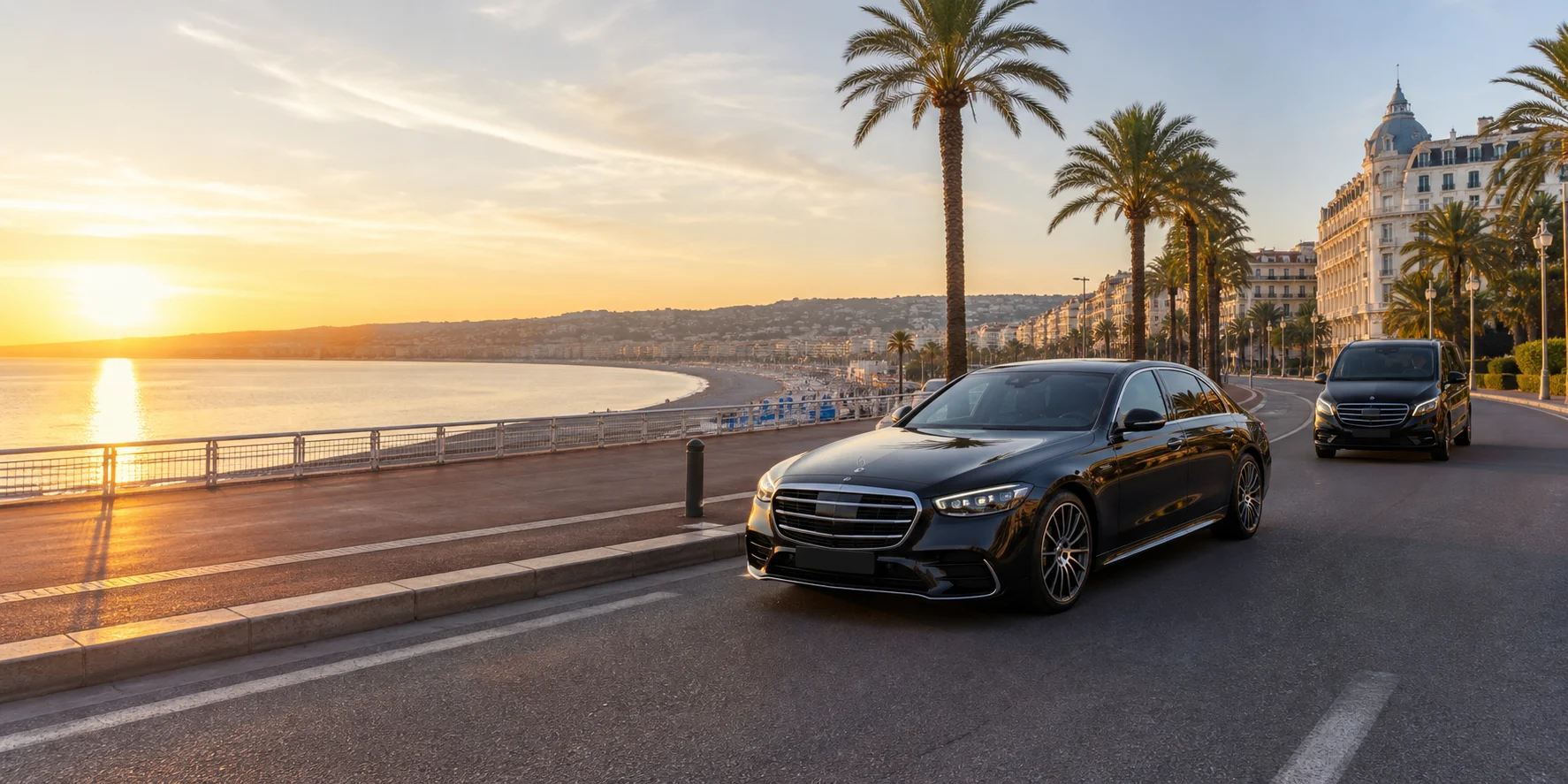 Luxury Mercedes-style chauffeur fleet on the Promenade des Anglais in Nice