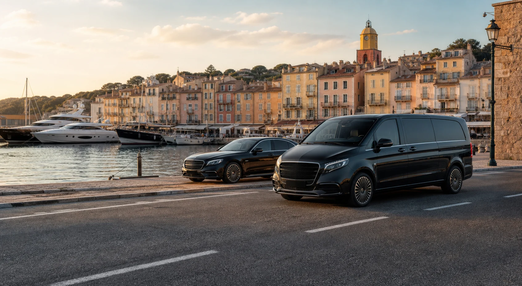 Luxury Mercedes-style chauffeur van and sedan beside the Saint-Tropez old port