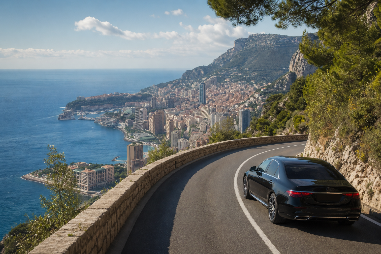 Luxury chauffeur sedan on the coastal road above Monaco