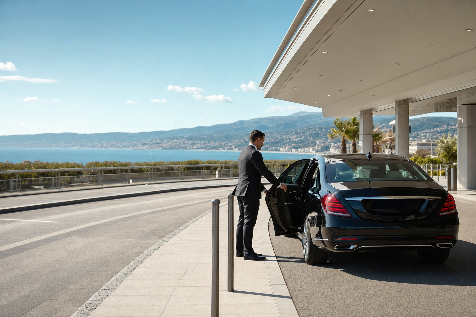 Chauffeur sedan waiting at Nice Airport with the French Riviera coastline beyond